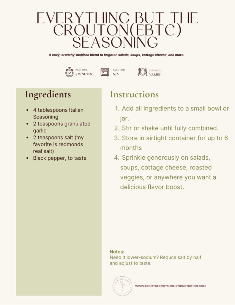 Recipe card for Everything but the Crouton seasoning. 